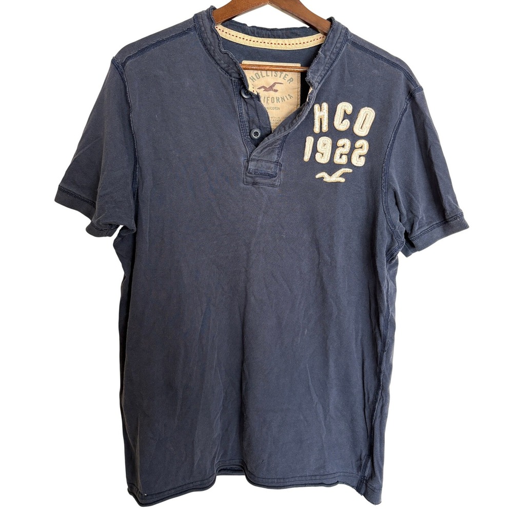 Hollister Henley Shirt Mens LG Navy HCO 1922 Logo Vintage 90's Y2K Surf Distress
